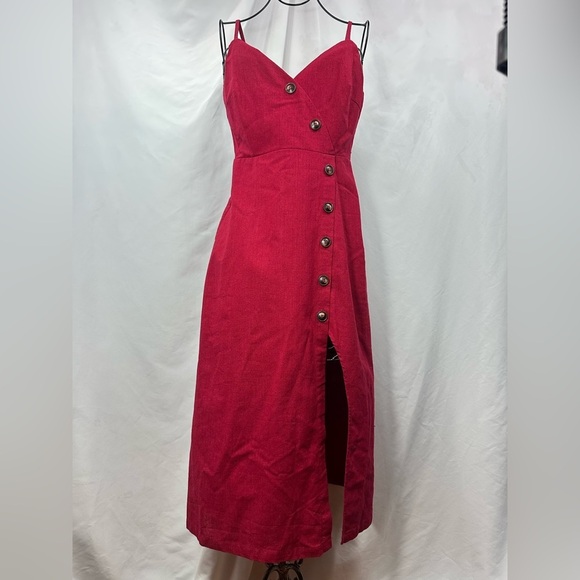 Lush red linen button down midi dress size S - Picture 1 of 13